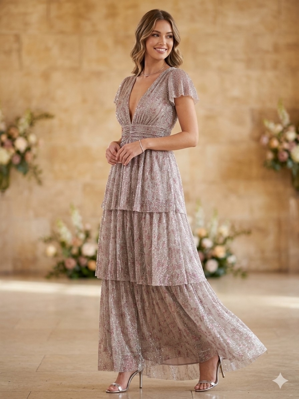 Sparkling Tiered V-Neck Maxi Dress in Soft Mauve